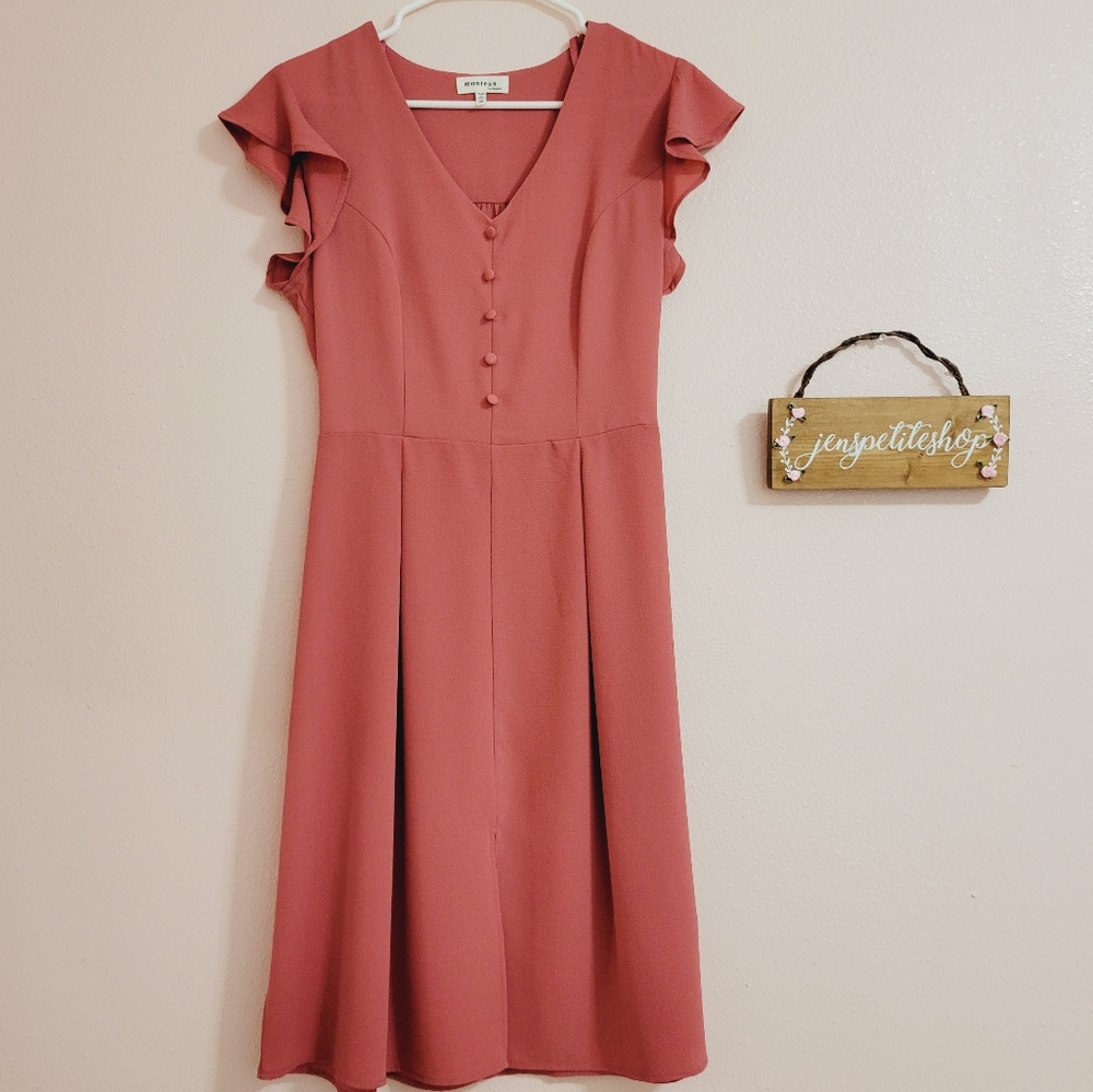 Monteau rose pink faux button dress vintage style Size Small